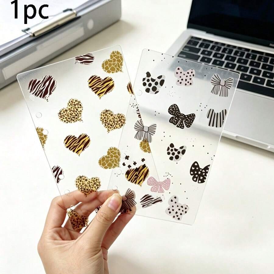 1pc Cute A6 Acrylic Insert Cover, Animal Print Heart And Bow Design Transparent Planner Case, Aesthetic Notebook Accessory, Compatible With 6-Hole Binders - A - View 1