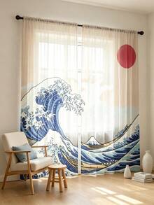 2件組日式大浪透視窗簾，浮世繪海洋波浪與船隻印花薄紗窗簾，濾光穿桿式窗簾，適用客廳臥室居家裝飾 - 彩色 - 查看 1