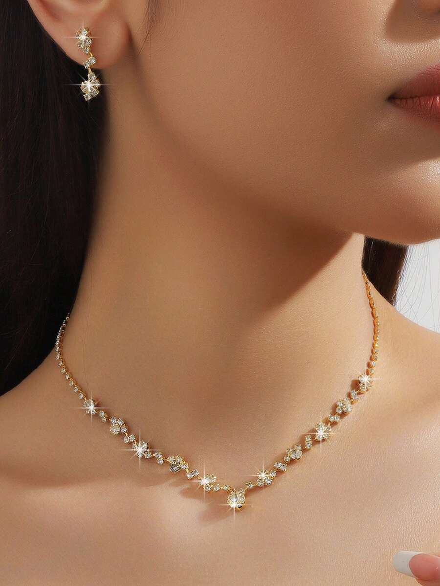 Conjunto de collar y aretes formado por 3 piezas de forma simples de gota con diamantes de imitación, adecuados para bodas, cumpleaños, aniversarios y fiestas de mujeres - Dorado - Ver 1