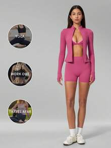 طقم لياقة بدنية من 3 قطع للنساء من MFVIM، حمالة صدر رياضية بدون سلك بتصميم مثلث، شورت وجاكيت - وردي - مشاهدة 6