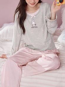 Gongdie 2 Pieces Miffy Women's Pajama Set, Spring/Autumn Pink Plaid Soft Cotton Loungewear, Faux Two-Piece Top With Rabbit Floral Print - Light Grey - View 1
