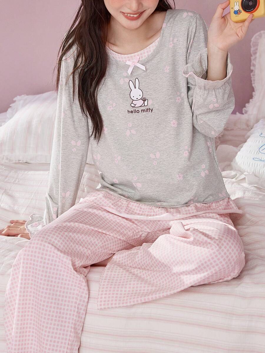 Gongdie 2 Pieces Miffy Women's Pajama Set, Spring/Autumn Pink Plaid Soft Cotton Loungewear, Faux Two-Piece Top With Rabbit Floral Print - Light Grey - View 1