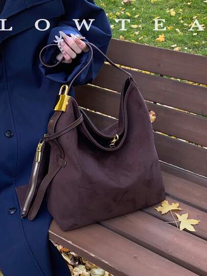 low tea 1pc Minimalist Fashion Bucket Shoulder Bag, Matte Suede Fabric, Suitable For Commuting, Shopping And More