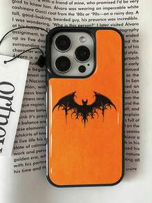 1pc Halloween Orange Background Gothic Black Bat Vintage Pattern Print Black Edge Drip Glue Lens Raised Full Coverage Shockproof Protective Phone Case No Accessories Multi-Model Compatible Dark Subculture Y2K Hot Girl Holiday Vibe Protective Cover - Black - View 3