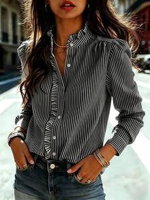 Women's Blue Striped Shirt, Ruffle Collar, Long Regular Sleeves, Button Details, Standard Length, Suitable For Spring, Summer, Autumn Vacation Black - Black - View 7