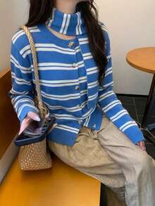 Women's Early Autumn Striped Knit Cardigan With Scarf Detail, Casual Slimming Top For Fall/Winter - Blue - View 2