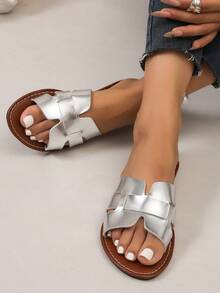 Women Silver Metallic H‑Shape Woven Slide Sandals, Open‑Toe Outdoor Slip‑On Slides, Summer Beach Vacation Shoes - Silver - View 8