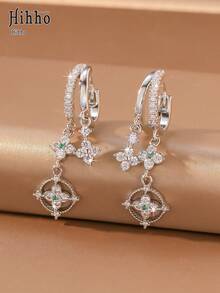 Hihho 2pcs French Vintage Style Full Rhinestone Double Layer Flower Emerald Green Gemstone Stud Earrings For Women, Commuter Atmosphere - Double Flower Pendant - View 2