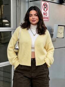 Yuu Plus Size Elastic V-Neck Long Sleeve Cardigan Sweater, Loose Slimming Belly-Covering Easy-Care Knit Cardigan Fall - Yellow - View 4