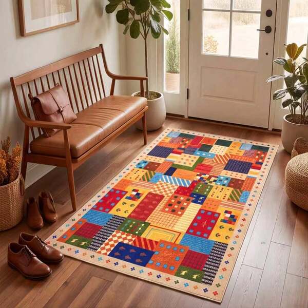 1pc, Washable Non-Slip Vintage Colorful Patchwork Velvet Decorative Carpet, Non-Slip Bottom With Soft And Delicate Surface Touch, Vibrant Geometric Patchwork Pattern, American Vintage Bohemian Style, Suitable For Living Room Sofa Area, Bedroom, Hallway, Reading Nook And Other Scenes, Creating A Warm Vintage Home Atmosphere, Autumn Home Decor Hot Item.Carpet, Rug, Living Room Rug, Bedroom Carpet, Velvet Rug, Geometric Rug, Vintage Rug, Hallway Runner, Aesthetic Room Decor, Fall Home Decor