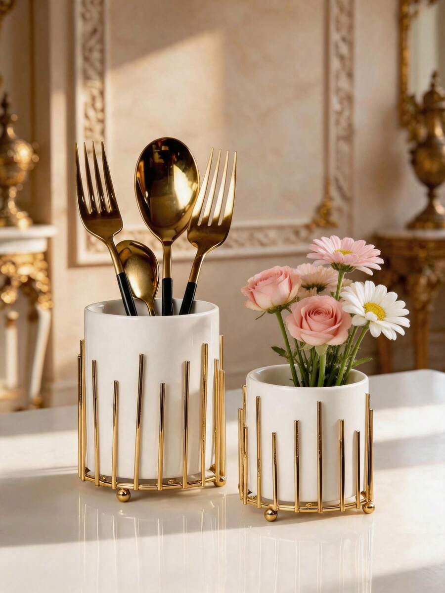 1pc Metal & Ceramic Combination Storage Box, Multi-Color, Minimalist Modern Nordic Style Storage Canister, Suitable For Halloween, Christmas, Kitchen Tabletop - Gold - View 1