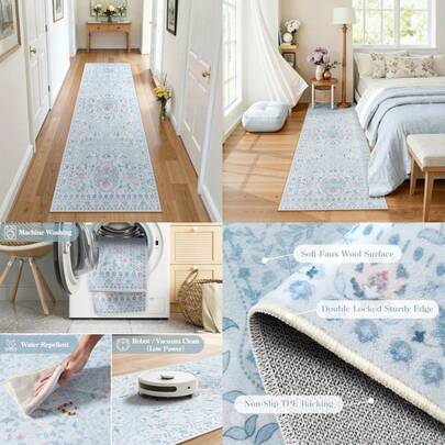 Alfombra de pasillo azul 2x6, alfombra de corredor lavable y antideslizante, alfombra floral de pelo bajo suave para dormitorio, lado de la cama y entrada
