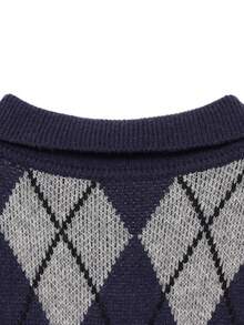 DEEKA Autumn/Winter New Women's European And American Style Fashion Minimalist Preppy Diamond Knit Cardigan Top - Navy - View 9