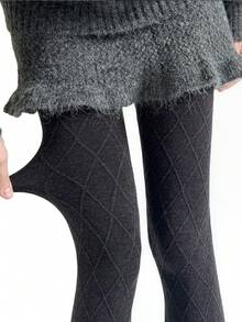 1pc Vintage Black Diamond Pattern Knitted Tights, Textured Diamond Grid Versatile Slimming Thickened Autumn/Winter Base Layer - Multicolor - View 8