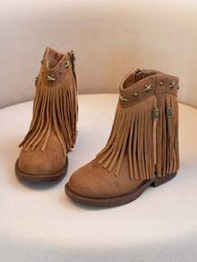 Children's Ankle Boots New Girls' Boots, Little & Big Kids Retro Suede Mid-Calf Boots With Tassels And Rivets, Western Cowboy Style School Boots - Brown - View 6