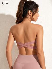 1pc Women's Non-Slip Criss-Cross Back Lace Bandeau Bra, Wireless, No Padding, Lightweight - Apricot - View 5