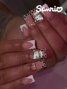 Sanrio Hello Kitty 24片短方型 3款凝膠美甲設計法式穿戴甲－可愛3D Hello Kitty裝飾搭配豹紋蝴蝶結，完美貼合壓克力假指甲套組，含1片果凍膠與1個指甲锉，適合女性與女孩日常配戴、電音派對使用 - 彩色 - 查看 2