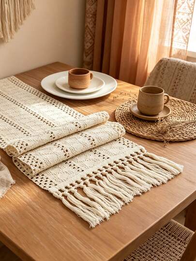 ABEST6522 Home&Living store 1pc Linen Vintage Woven Tassel Table Runner, Pastoral Lace Crochet Tablecloth For Coffee Table, Dresser, Cabinet, TV Stand, Dining Table, Anti-Stain Anti-Scald Table Mat, Home Decor, Family Gathering, Holiday Decoration, Indoor Outdoor, Picnic, Party, Wedding Decorations Series
