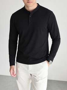 Men's Slim Fit Henley Collar Long Sleeve T-Shirt, Spring/Autumn - Black - View 2