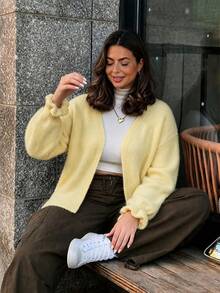 Yuu Plus Size Elastic V-Neck Long Sleeve Cardigan Sweater, Loose Slimming Belly-Covering Easy-Care Knit Cardigan Fall - Yellow - View 5