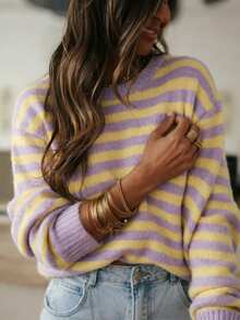 Women's Clothing, Beautiful Sweater, Striped Long Sleeve Pullover Top, Elegant Casual For Daily Wear And Vacation, Spring Autumn Winter - Mauve Purple - View 2