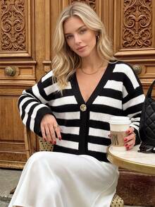 Nicenter Women's Winter V-Neck Black & White Striped Button-Front Knit Cardigan Sweater, Long Sleeve Top Jacket, Casual Daily Christmas Thanksgiving - Black and White - View 6