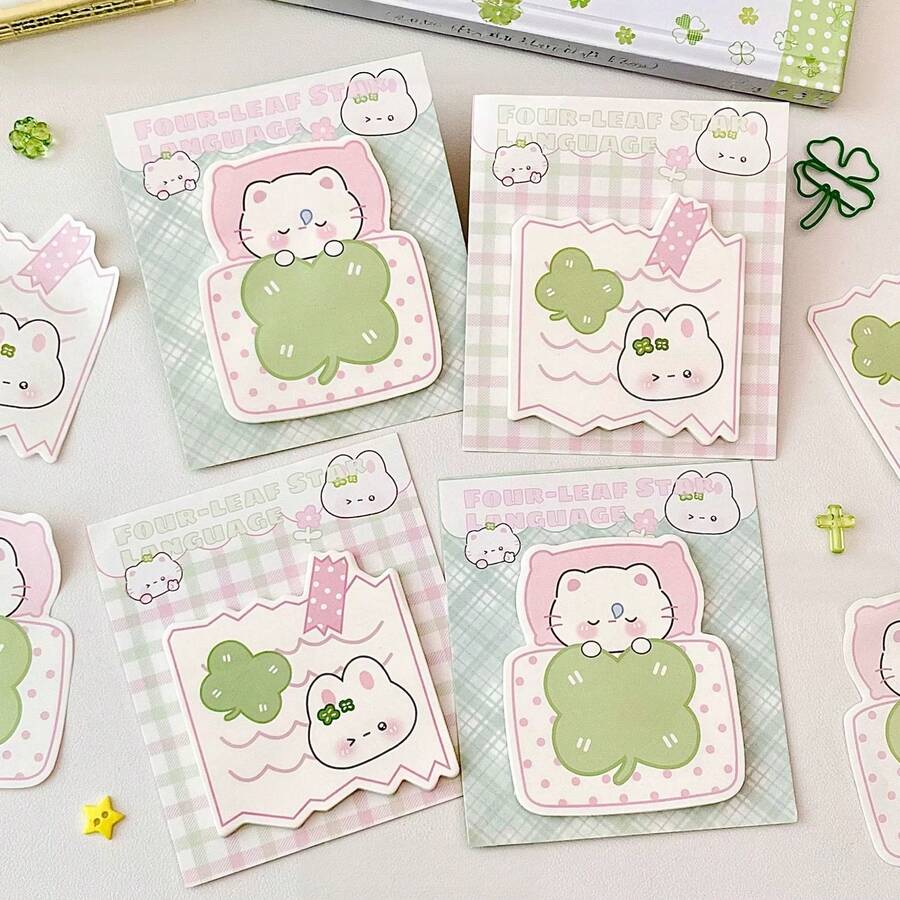 Clover Rabbit Shaped Sticky Notes, Plaid Cute Cartoon Memo Paper, Adhesive Note Pads For Students, Message, Diary, Planner DIY Decoration - A - View 1