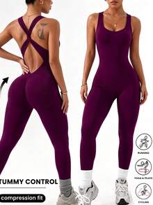 1pc Women's Solid Color Cross-Cut Fitted Jumpsuit Sports Summer - Purple - View 1