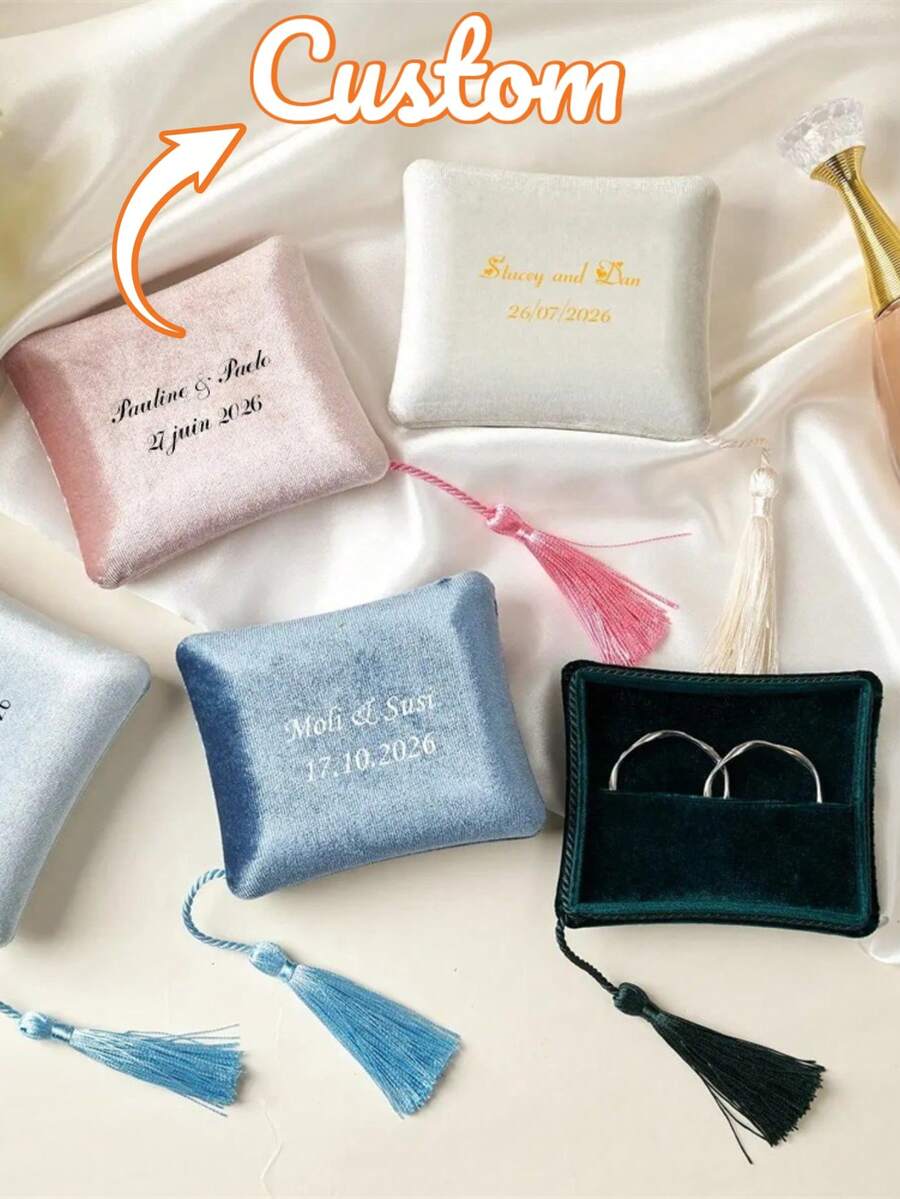 Personalized Velvet Jewelry Box, Custom Wedding Ring Box Bearer Pillow With Tassel, Engagement Gift, Birthday Gift - Multicolor - View 1