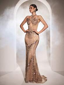 New Women's Halter Neck Sequin Embellished Bodycon Evening Gown - Apricot - View 5