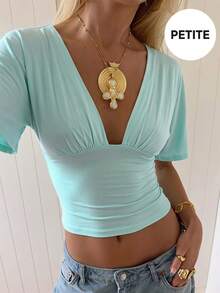Soulscape Women's Elegant Vacation Casual Deep V-Neck Top For Petite Summer - Light Blue - View 2