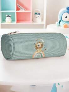 1pc Cute Little Animals Print Corduroy Cylindrical Zipper Pencil Case, Large Capacity, For Students Stationery Makeup Brushes School Daily Use Travel - Multicolor - View 13