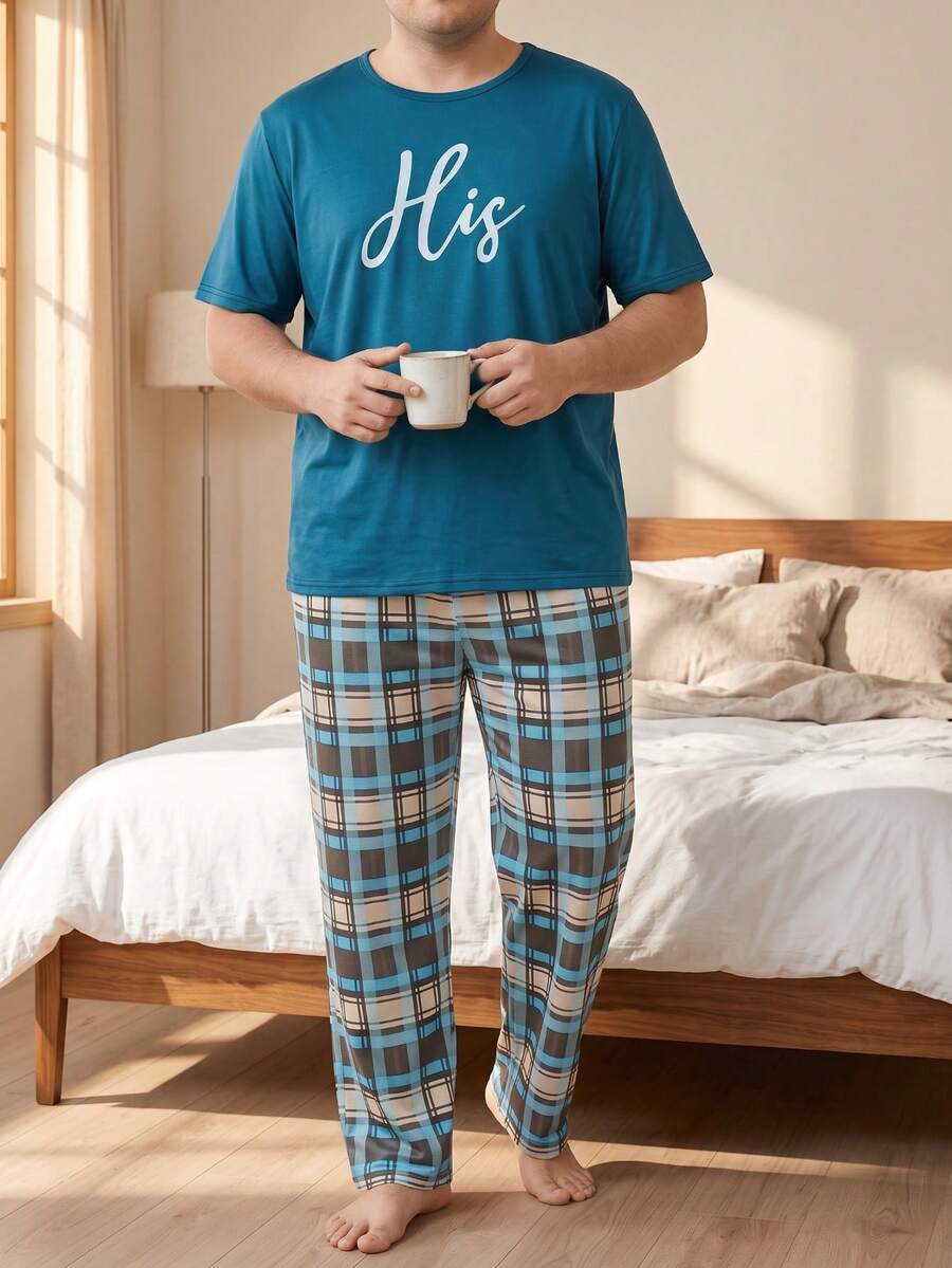 Plus Size Men's 2 Pieces Pajama Set Short Sleeve T-Shirt + Plaid Long Pants Casual Loose Homewear Gift For Boyfriend Husband - Multicolor - View 1