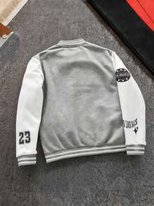 1pc Tween Boy Versatile Fashion Personalized Letter Print Colorblock V-Neck Fleece Jacket Autumn/Winter - Light Grey - View 2
