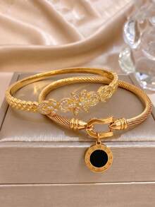 2Pcs Gold‑Plated Stainless‑Steel Horseshoe Buckle Zirconia Bangle & Roman Charm Twisted Cable Bracelet Set For Women - Gold - View 9