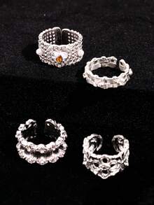 4pcs Vintage Fashion Unique Elegant Design Heart & Four-Leaf Clover Rings, Women's Daily, Holiday, Party, Wedding, Vacation Jewelry - Multicolor - View 4