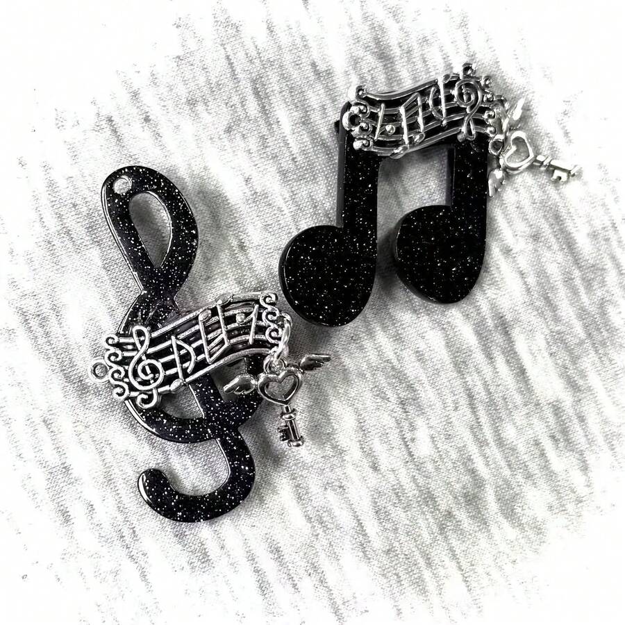 Black Flash Musical Note Treble Clef Hair Clip, Vintage Silver Staff Heart Key Pendant Lolita Music Girl Side Clip Halloween - Multicolor - View 1