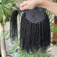 BINF 女款萬聖節風格非洲捲髮環繞式夾式馬尾 8-22 英吋 原生原色真人髮接髮馬尾,適合角色扮演派對、夜晚外出、約會造型 - Natural Black - 查看 2