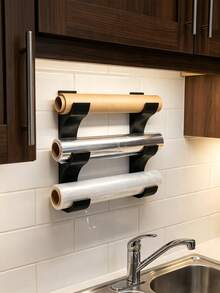 Wall-Mounted Holder For 3 Rolls Of Kitchen Paper/Cling Film/Aluminum Foil Storage Rack (Fits Rolls Up To 50mm Diameter) Space-Saving No-Drill Installation Creates A Tidy Kitchen Perfect For Cabinet Doors Room Decor Kitchen Decor Home Decor - Multicolor - View 6