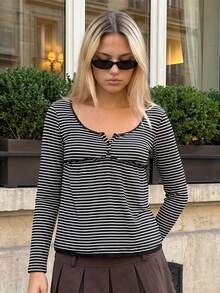 Women's Striped Babydoll Tops Long Sleeve Scoop Neck Fall Shirts - Black - View 2