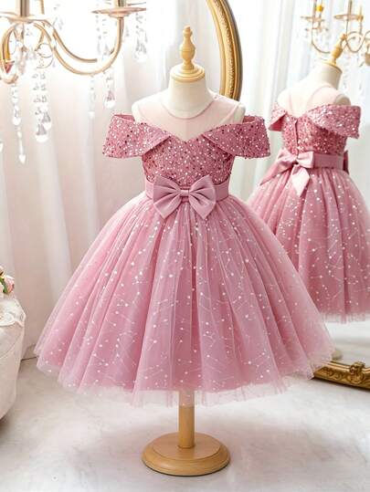 Young Girl Elegant Party Sequin Contrast Mesh Bow Decor Dress