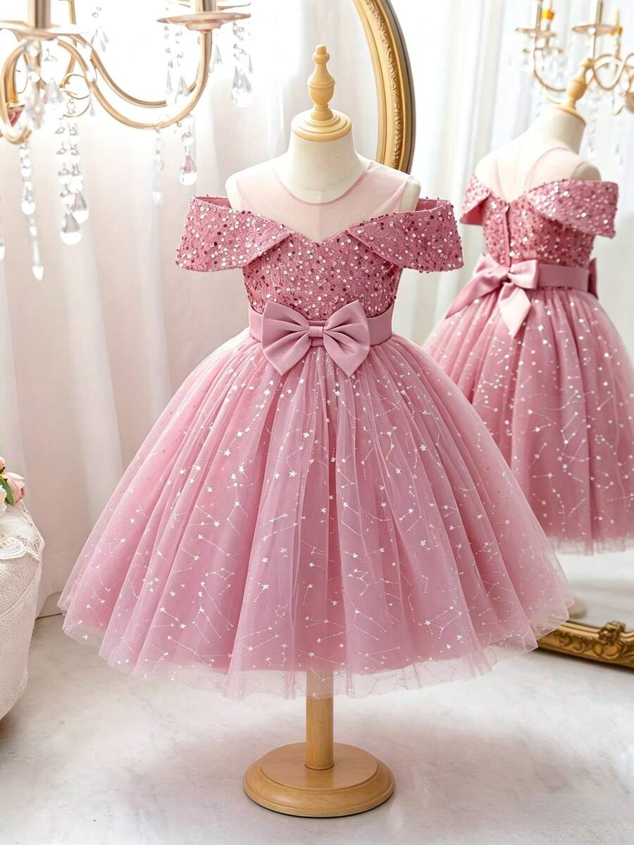 Young Girl Elegant Party Sequin Contrast Mesh Bow Decor Dress - Pink - View 1