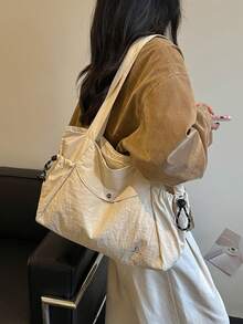 Solid Color Large Capacity Nylon Fabric Shoulder Tote Shopping Bag, Multi-Pocket Design, Mother's Day Gift For Mom, Commute Travel Minimalist Fashion Versatile - Beige - View 9