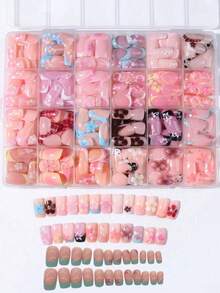 Random 24pcs Y2K Short Square Painted French Press-On Nails, 3D Gel Flower, Ladybug, Polka Dot & Pearl Design, Spring Nail Art, Summer Nail Art, Easy To Wear Acrylic False Nail Set, Suitable For Girls Daily & Party Use - Multicolor - View 6