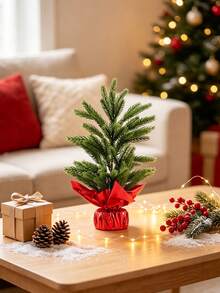 1pc Rustic Minimalist Style PE Pine Needle Conical Mini Christmas Tree,Wrapped Base With Burlap Gift Paper Cover,Realistic Full Branches,Tabletop Ornament,Small Desktop Xmas Tree For Christmas Holiday Home Party Indoor Table Shelf Decor - Multicolor - View 5