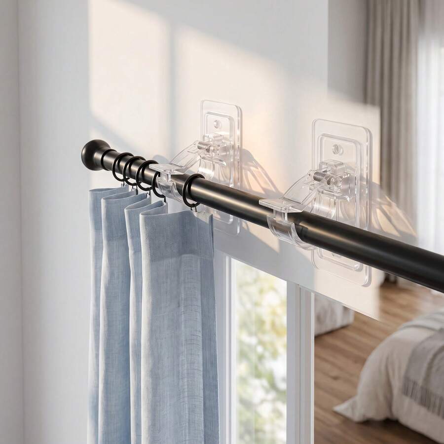 White No-Drill Transparent Strong Adhesive Rod Holder Bracket, Designed For Bathroom, Bedroom, Kitchen And Other Spaces, Made Of High-Transparency Acrylic Material With Strong Back Adhesive, Securely Adheres To Wall Without Drilling - View 1