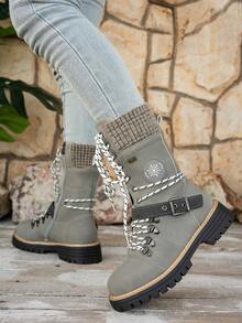 Women's Round Toe Thick Sole Side Zipper Boots Autumn 2026 New Arrival British Style Lace-Up Buckle Ankle Ankle Boots - Grey - View 4