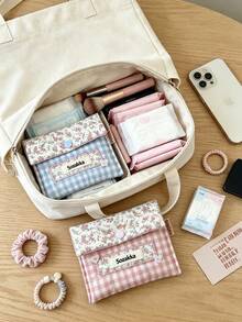 1pc Gingham Floral Fabric Sanitary Pad Storage Bag, Snap Button Closure Portable Period Pouch, Mini Travel Organizer For Student Girls, Hold Napkins Lipstick Small Accessories For Daily Outing Storage Bag - Multicolor - View 7