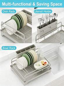 1 Piece Kitchen Countertop Dish Rack, Metal Tableware Storage Rack With Drip Tray And Chopstick Holder, Household Dish Organizer. - Grey - View 5