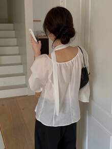Women's Solid Color Elegant Bow Tie Button-Down Long Sleeve Blouse - White - View 5